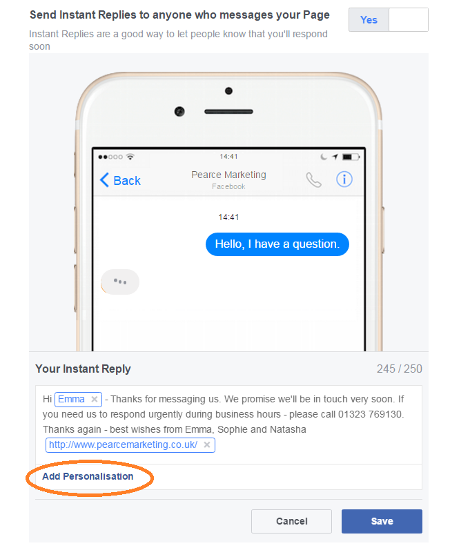 Instant Replies in Facebook Messenger for Business Pages