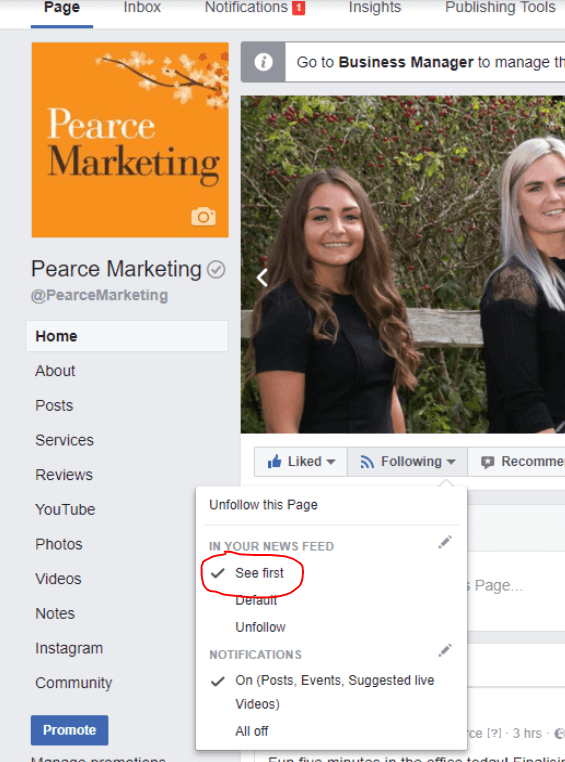 Screenshot of Facebook page. Pearce Marketing, East Sussex